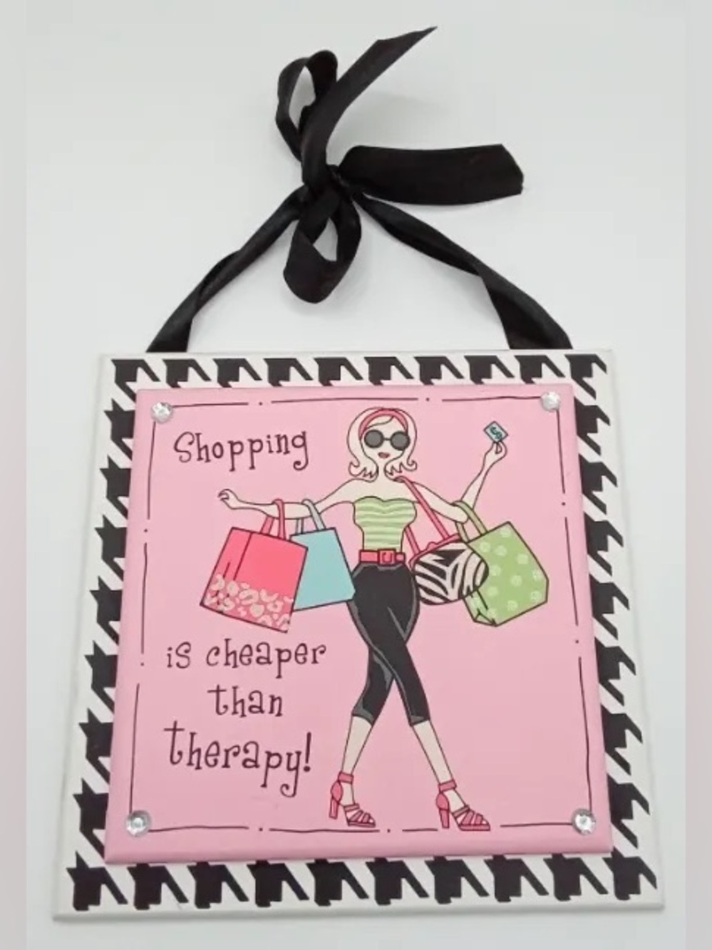 READ! Vintage Kitschy Curly Girly Pink Rhinestone Hanging Plaque Wall Decor